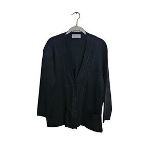 Moda Made In Italy Black Wool Blend Long Line V Neck Cardigan Sweater Size XL